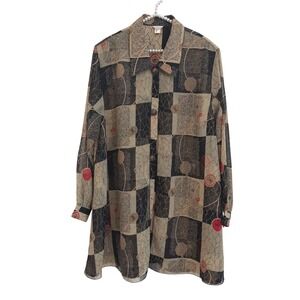 Clara S Vintage Boho Sheer Patchwork Rope Print Tunic Blouse Metallic Gold Brown